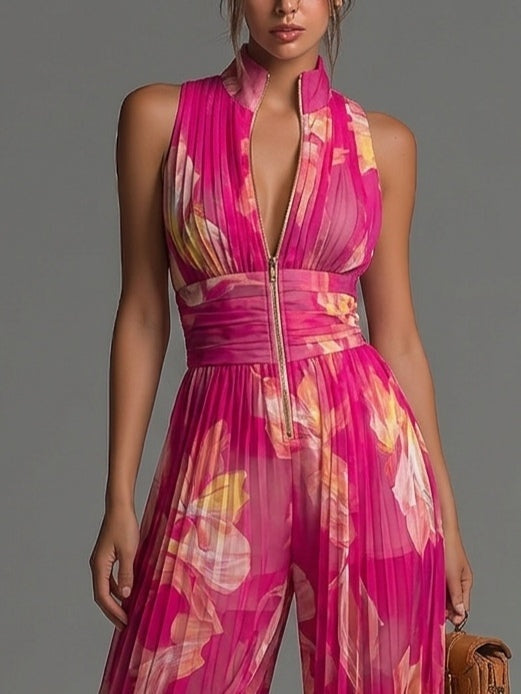 Mono de Chiffon Floral Estampado Escote V Pierna Ancha