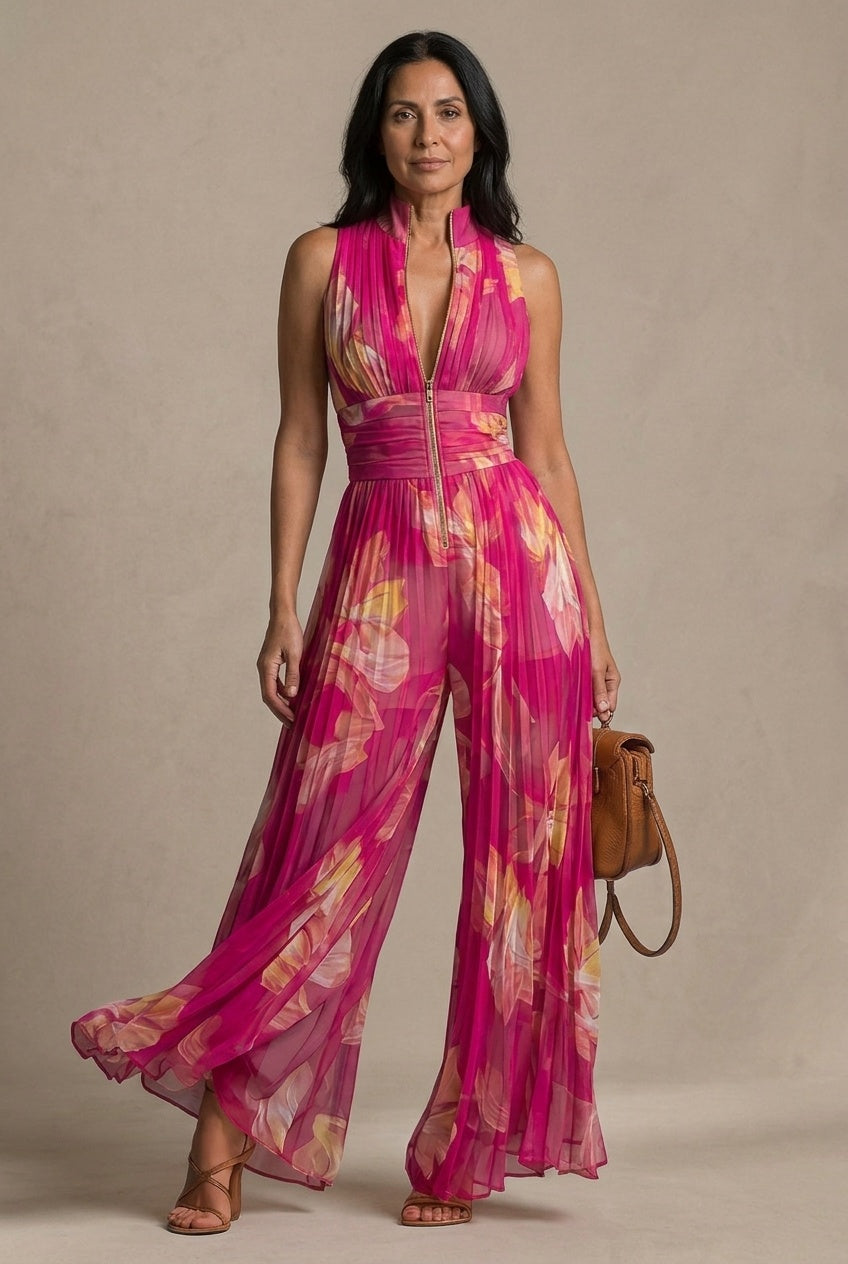 Mono de Chiffon Floral Estampado Escote V Pierna Ancha
