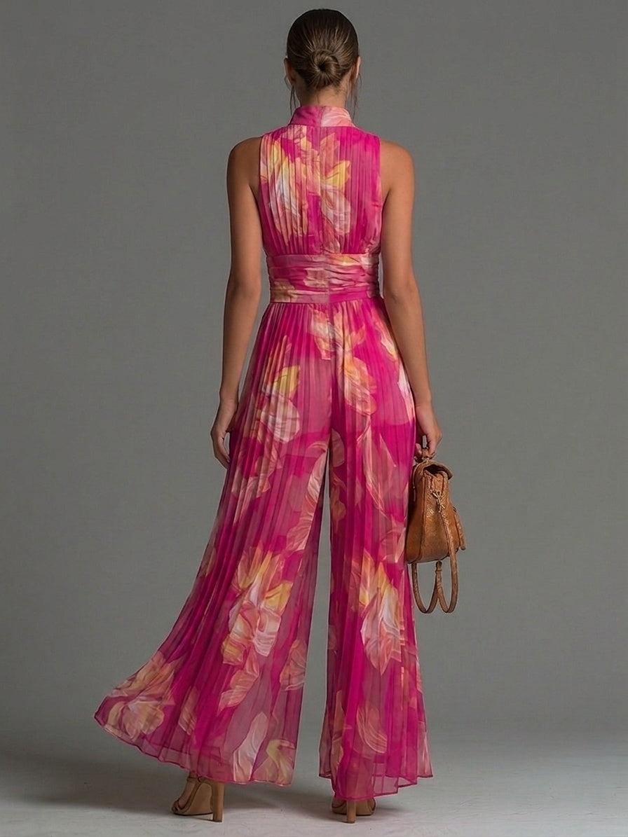 Mono de Chiffon Floral Estampado Escote V Pierna Ancha