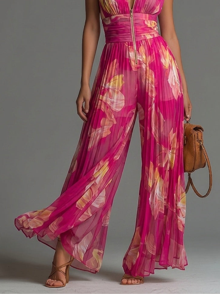 Mono de Chiffon Floral Estampado Escote V Pierna Ancha