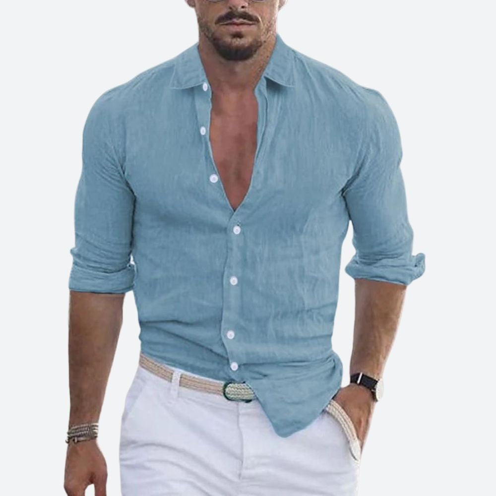 Camisa de Lino Manga Larga Cuello Abierto Slim Fit