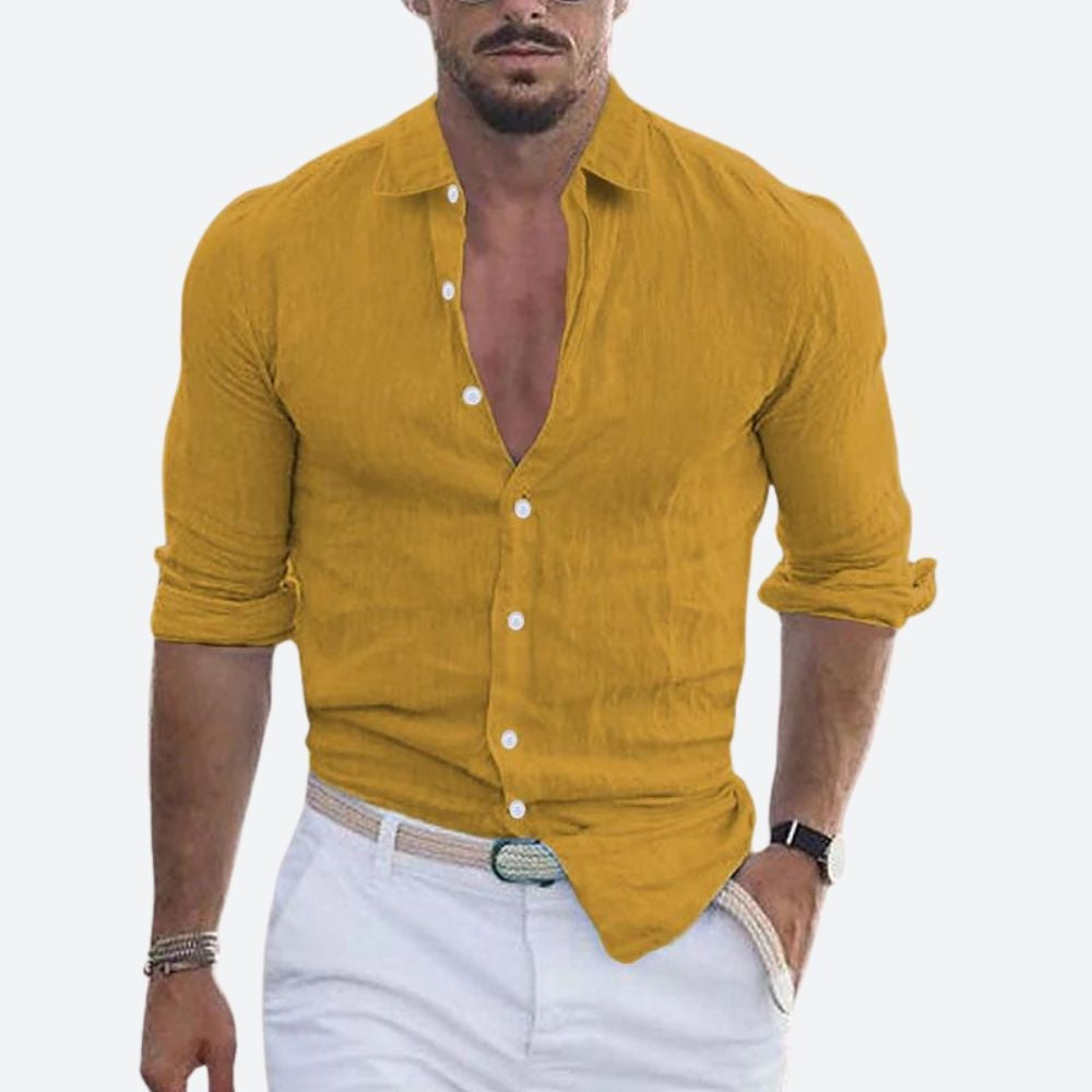 Camisa de Lino Manga Larga Cuello Abierto Slim Fit
