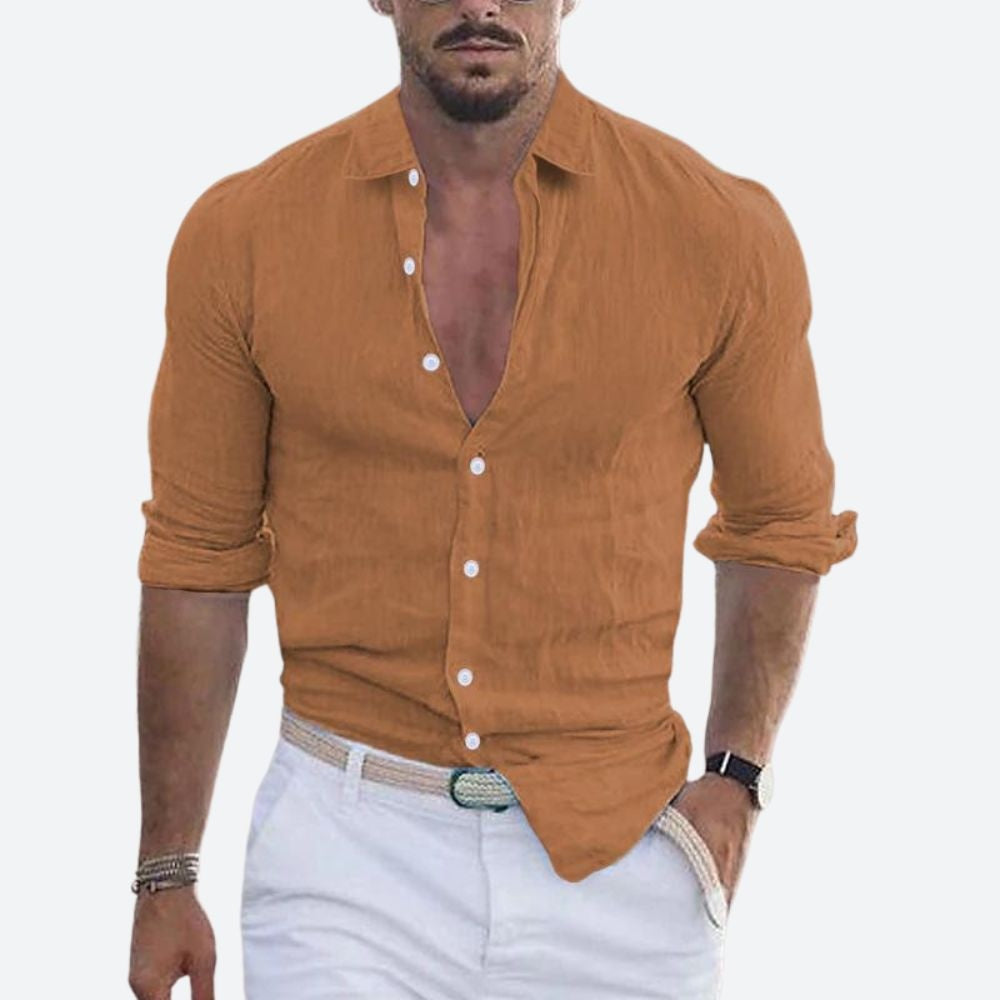Camisa de Lino Manga Larga Cuello Abierto Slim Fit