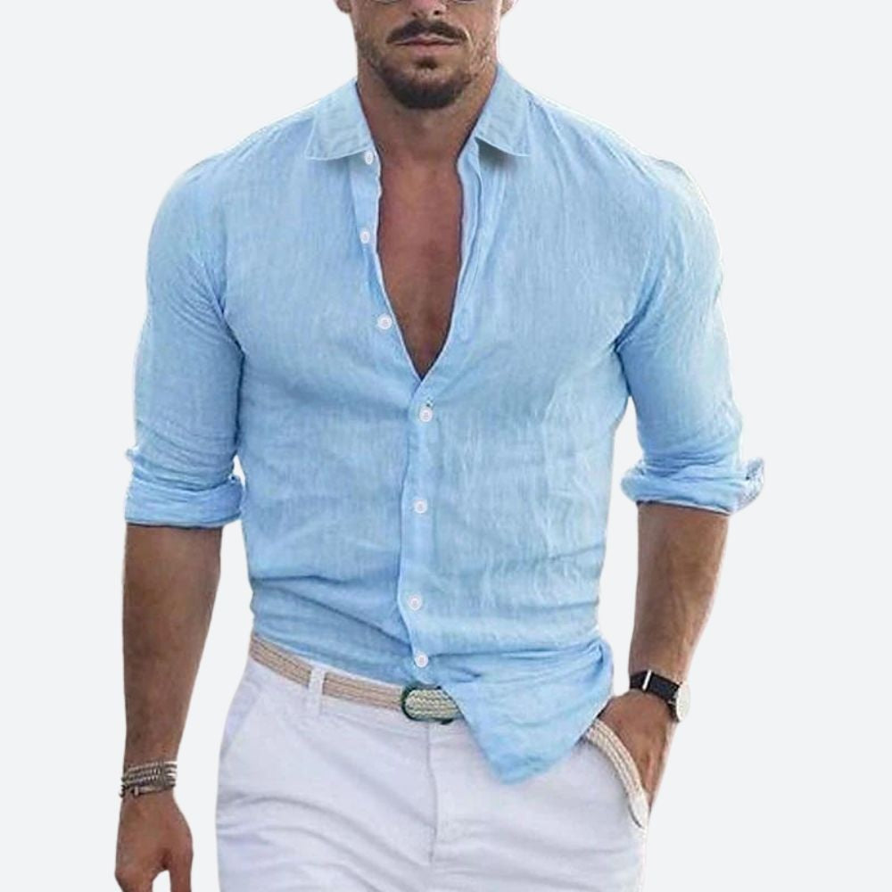 Camisa de Lino Manga Larga Cuello Abierto Slim Fit