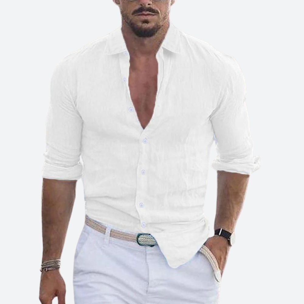 Camisa de Lino Manga Larga Cuello Abierto Slim Fit