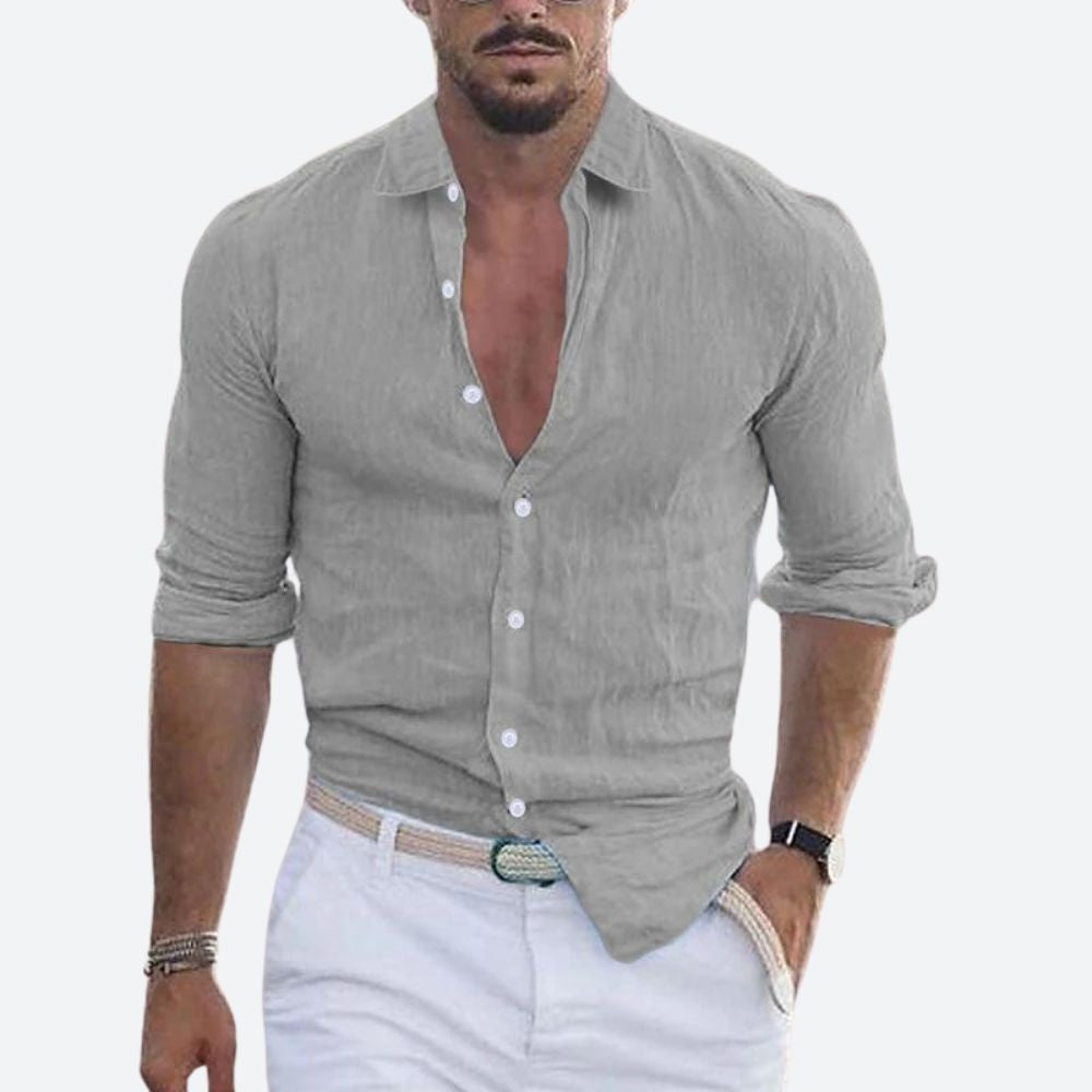Camisa de Lino Manga Larga Cuello Abierto Slim Fit