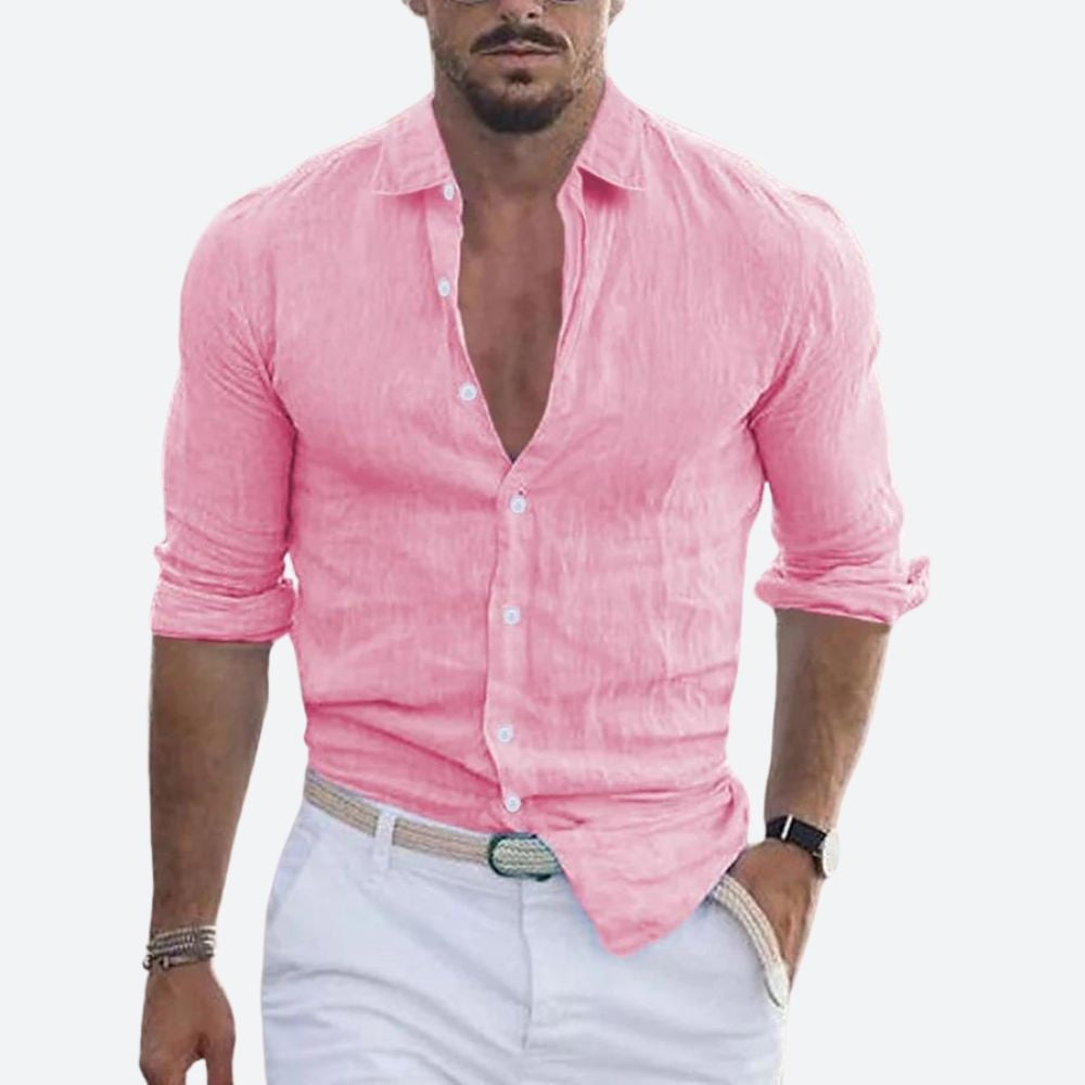 Camisa de Lino Manga Larga Cuello Abierto Slim Fit