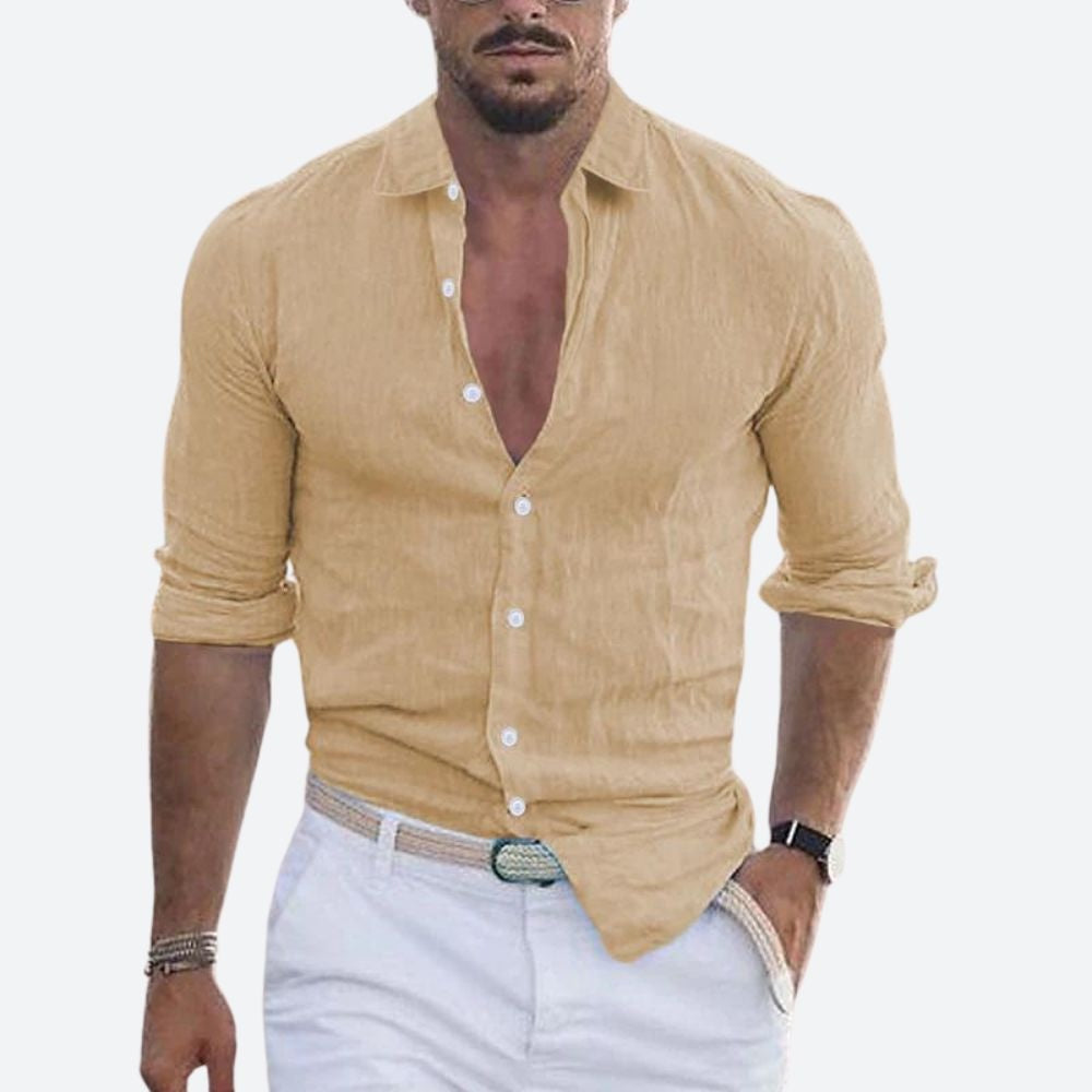 Camisa de Lino Manga Larga Cuello Abierto Slim Fit