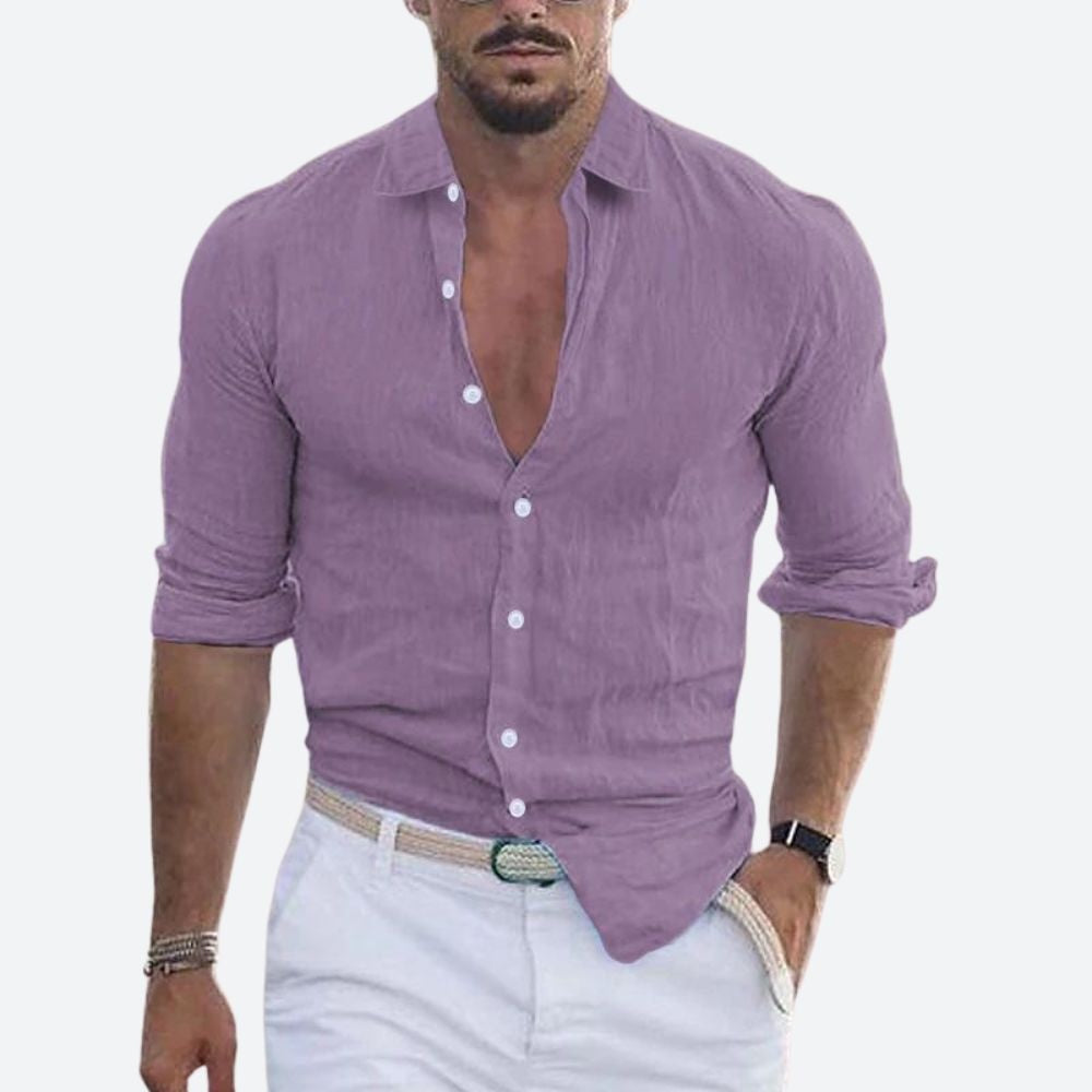Camisa de Lino Manga Larga Cuello Abierto Slim Fit