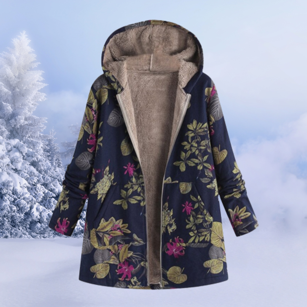 Chaqueta de Borreguito Estampada Larga con Capucha