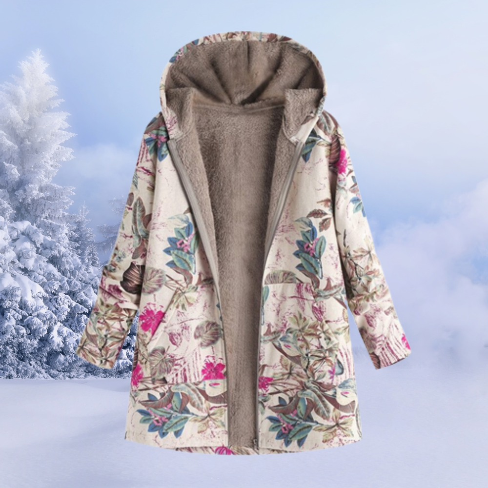 Chaqueta de Borreguito Estampada Larga con Capucha
