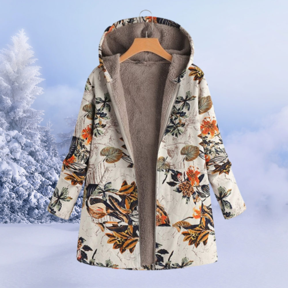 Chaqueta de Borreguito Estampada Larga con Capucha