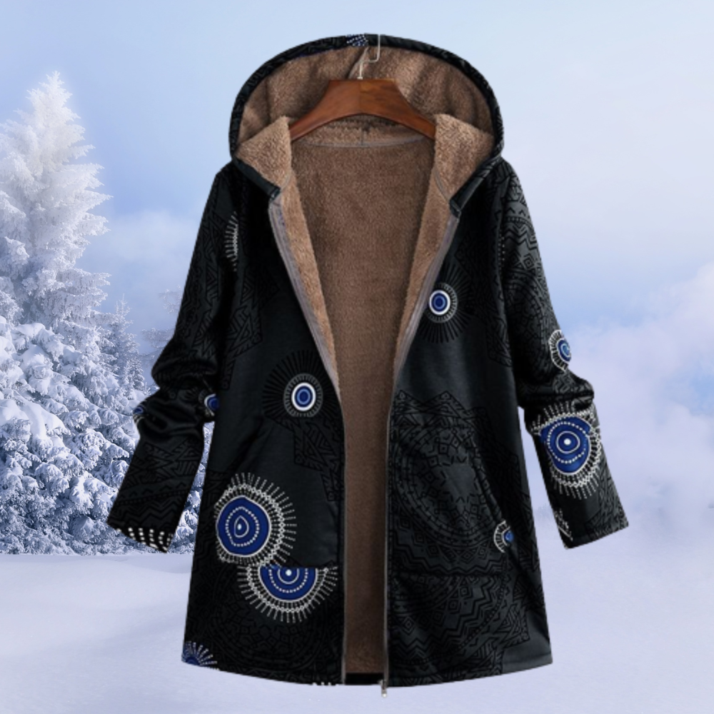 Chaqueta de Borreguito Estampada Larga con Capucha