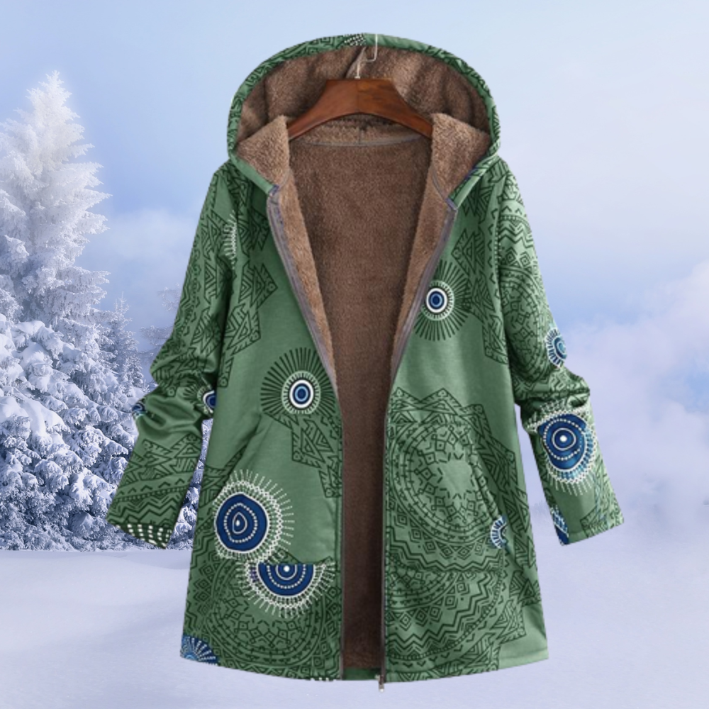Chaqueta de Borreguito Estampada Larga con Capucha