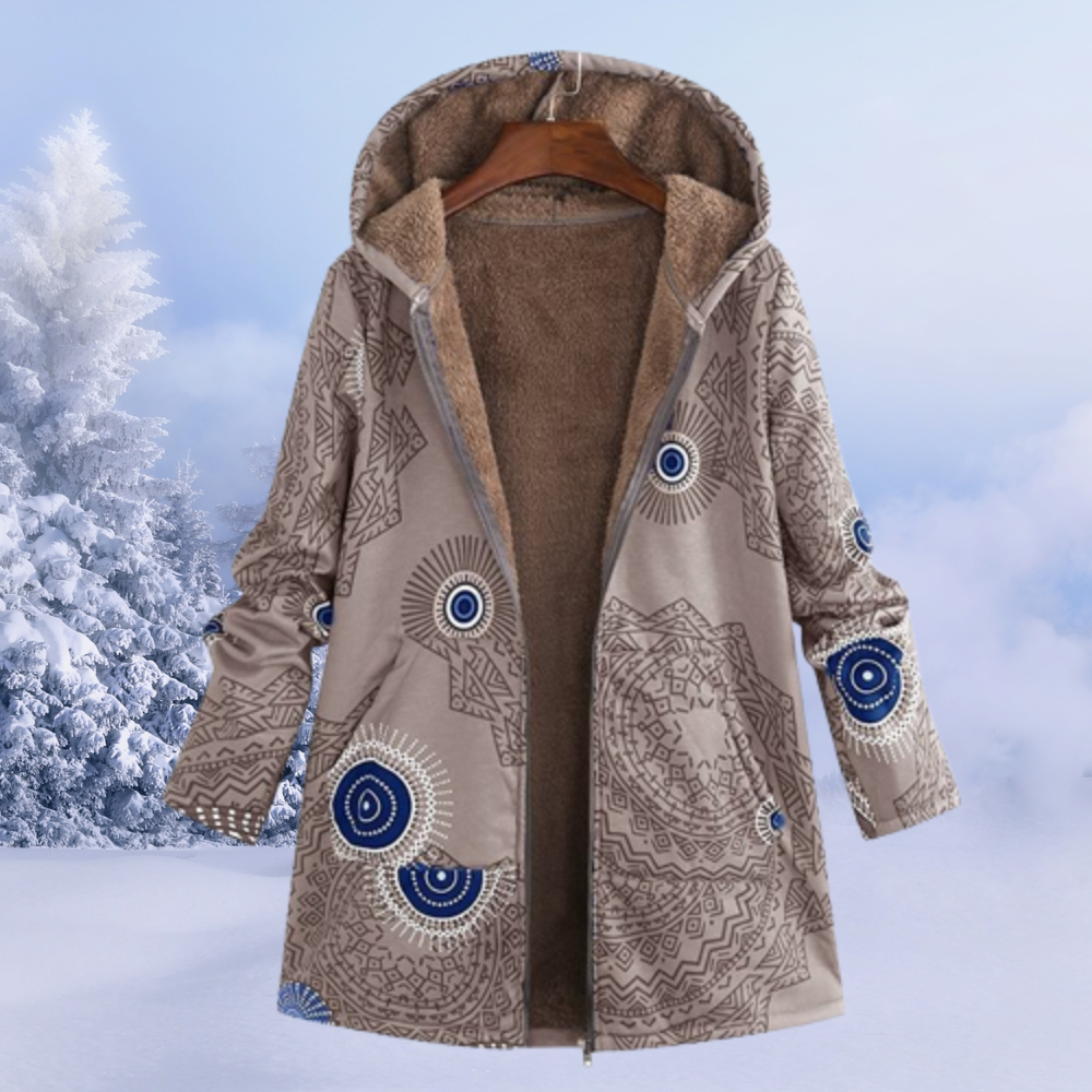 Chaqueta de Borreguito Estampada Larga con Capucha