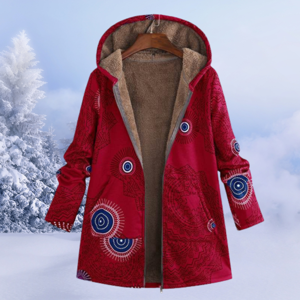 Chaqueta de Borreguito Estampada Larga con Capucha
