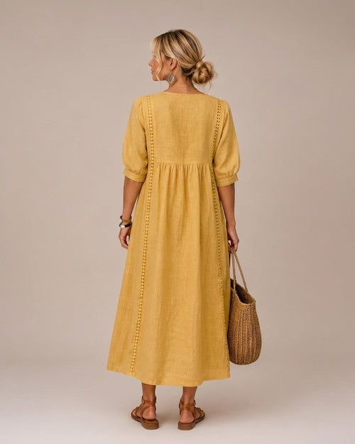 Vestido Midi Veraniego con Escote en V y Detalle de Encaje