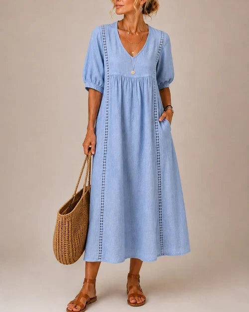 Vestido Midi Veraniego con Escote en V y Detalle de Encaje