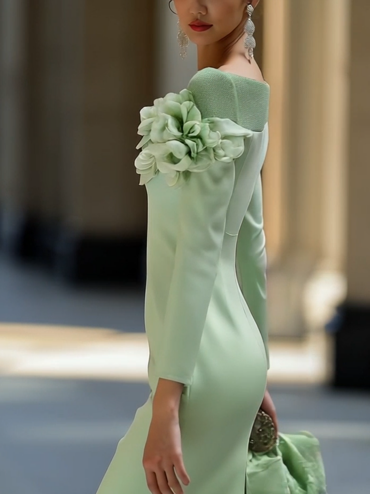 Vestido con Hombros Descubiertos y Flores 3D