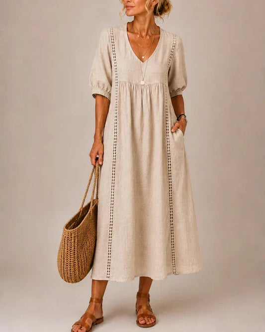 Vestido Midi Veraniego con Escote en V y Detalle de Encaje
