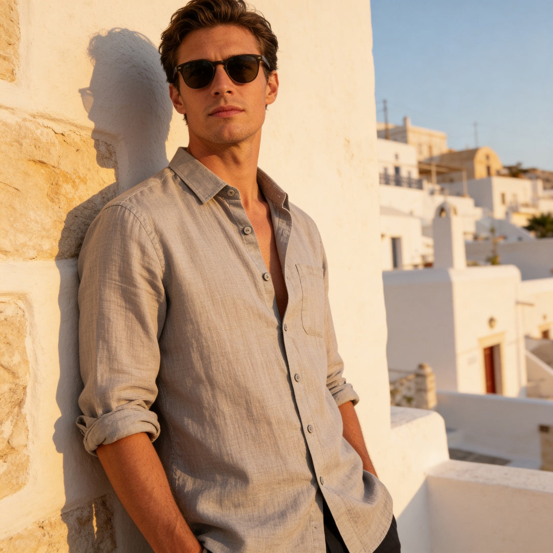 Camisa de Lino Manga Larga con Bolsillo