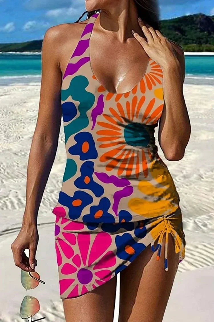 Traje de Baño Estampado Floral Falda Halter