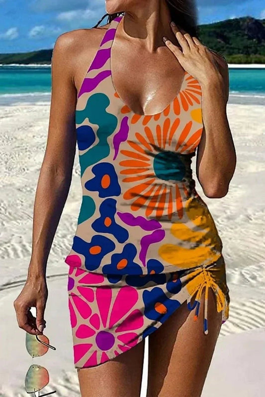 Traje de Baño Estampado Floral Falda Halter