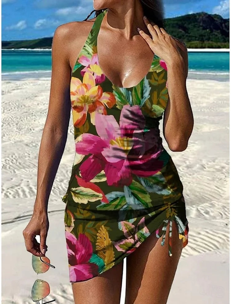 Traje de Baño Estampado Floral Falda Halter