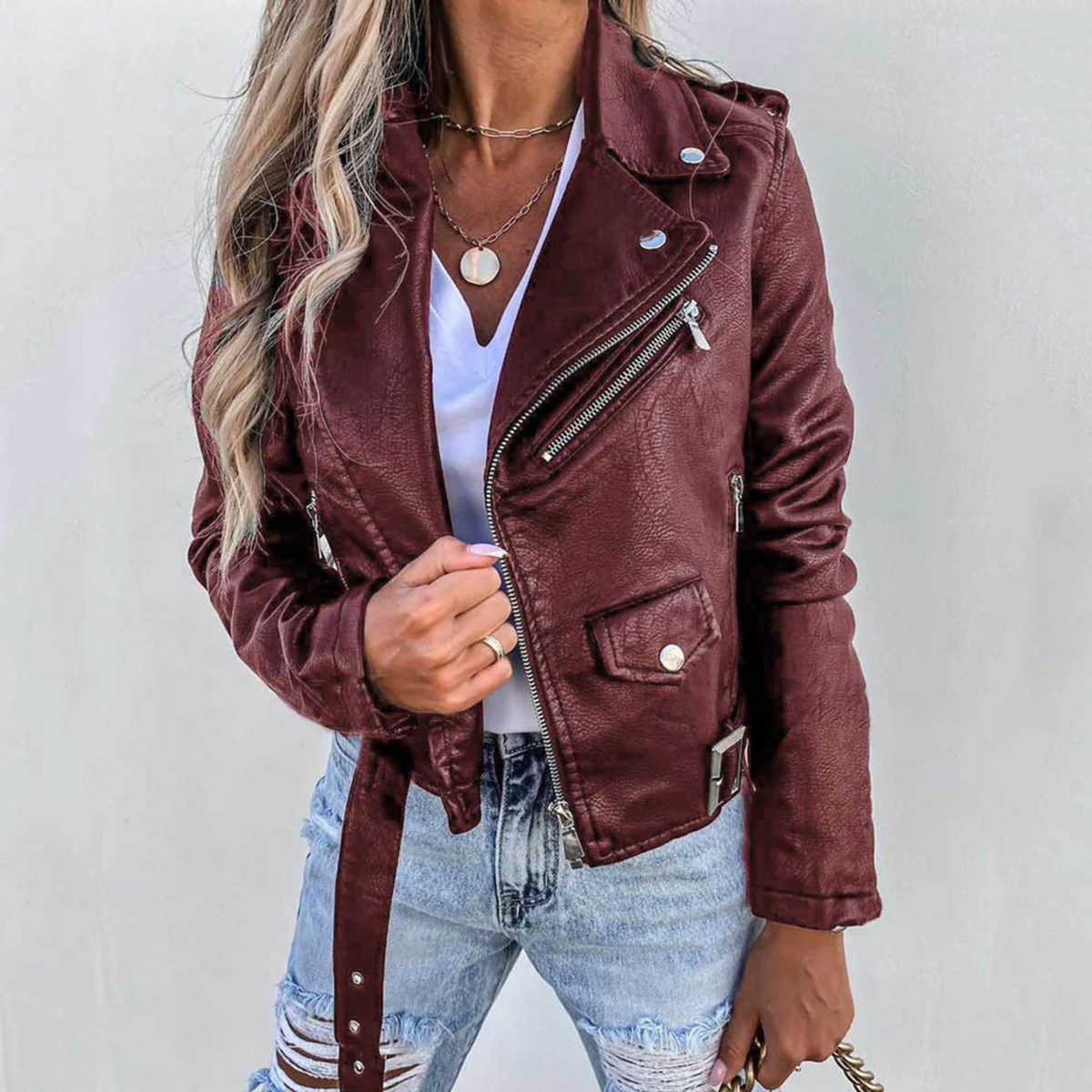 Cazadora Biker de Polipiel con Cinturón