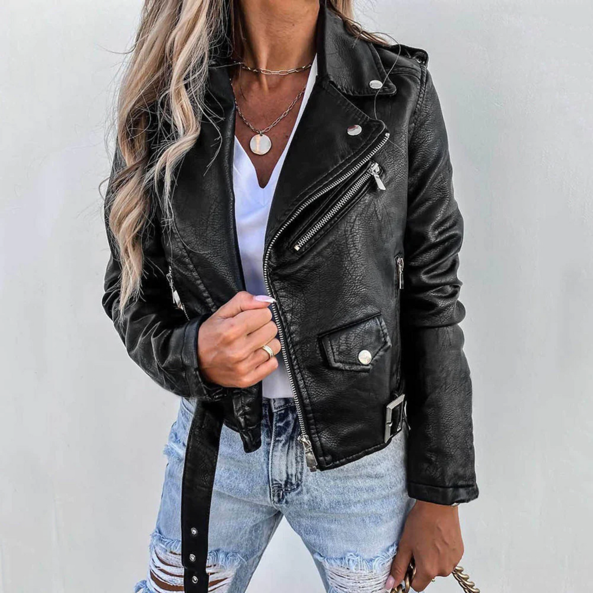 Cazadora Biker de Polipiel con Cinturón