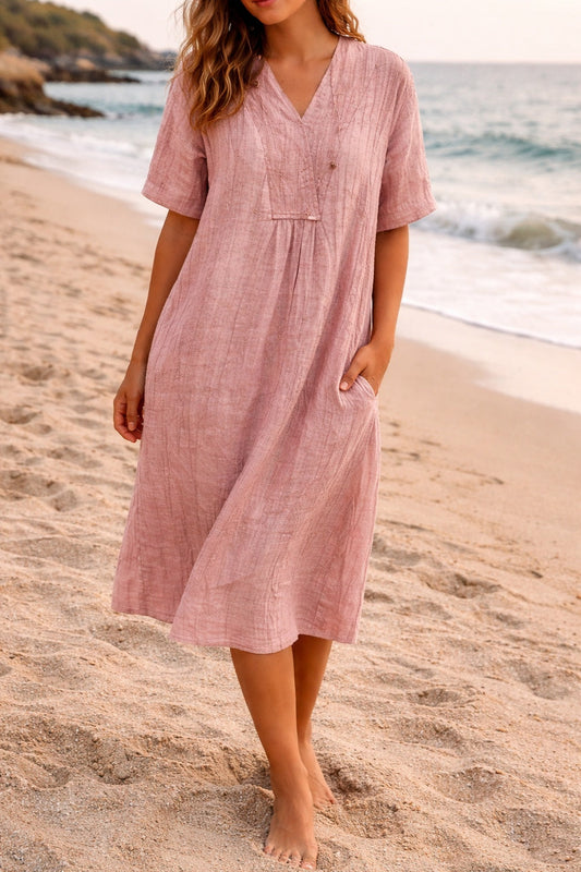 Vestido Midi de Lino Escote en V Manga Corta