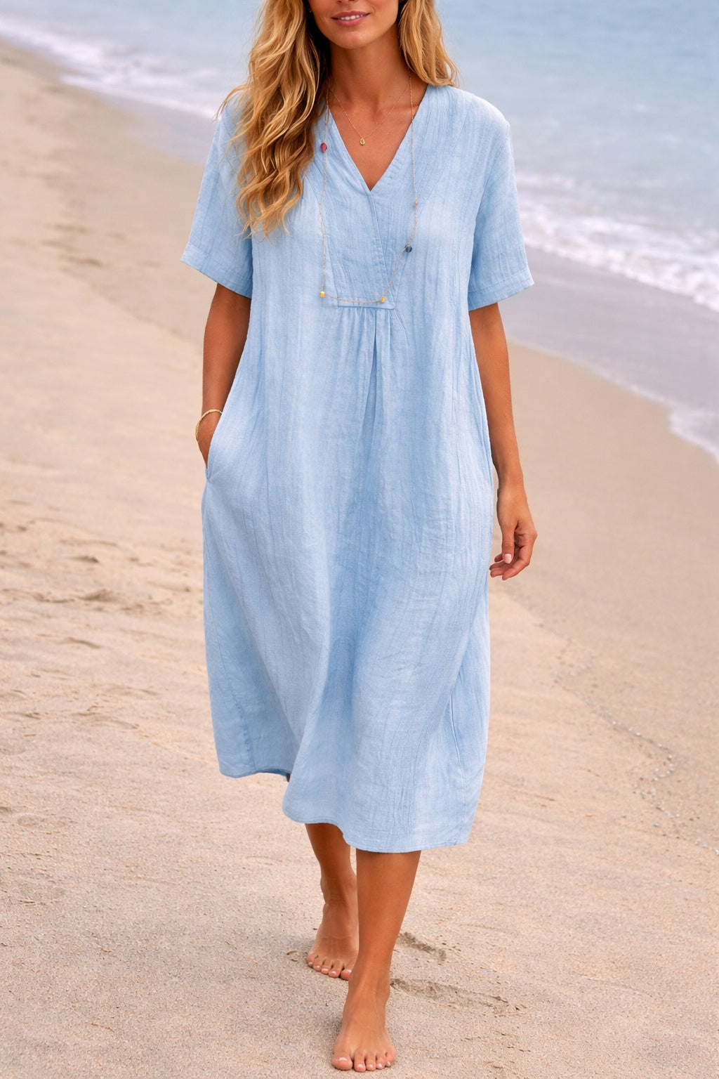 Vestido Midi de Lino Escote en V Manga Corta