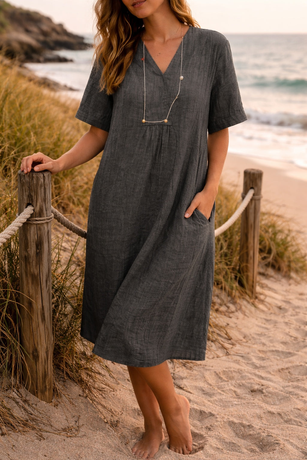 Vestido Midi de Lino Escote en V Manga Corta