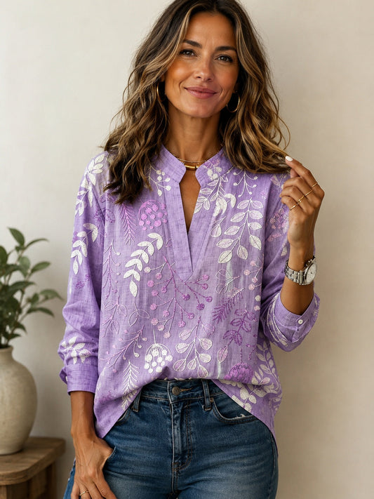 Blusa Estampada Floral Manga Larga Escote V