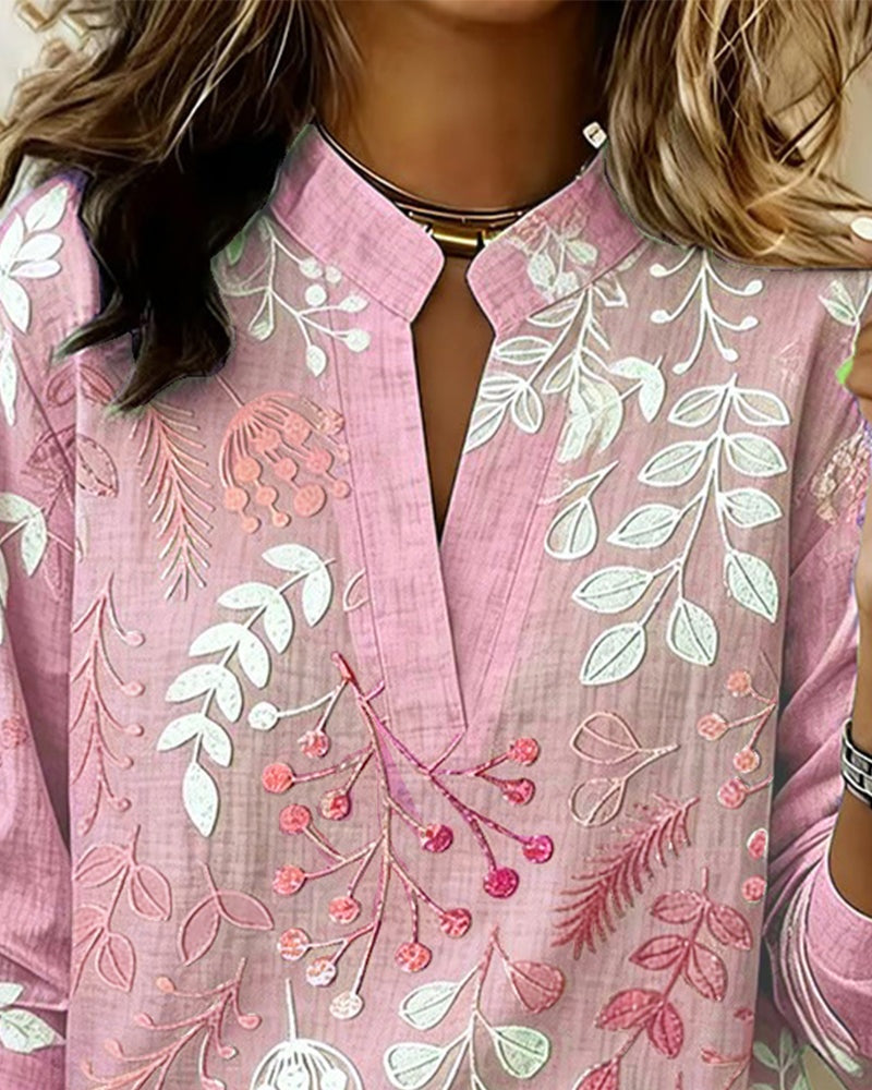 Blusa Estampada Floral Manga Larga Escote V