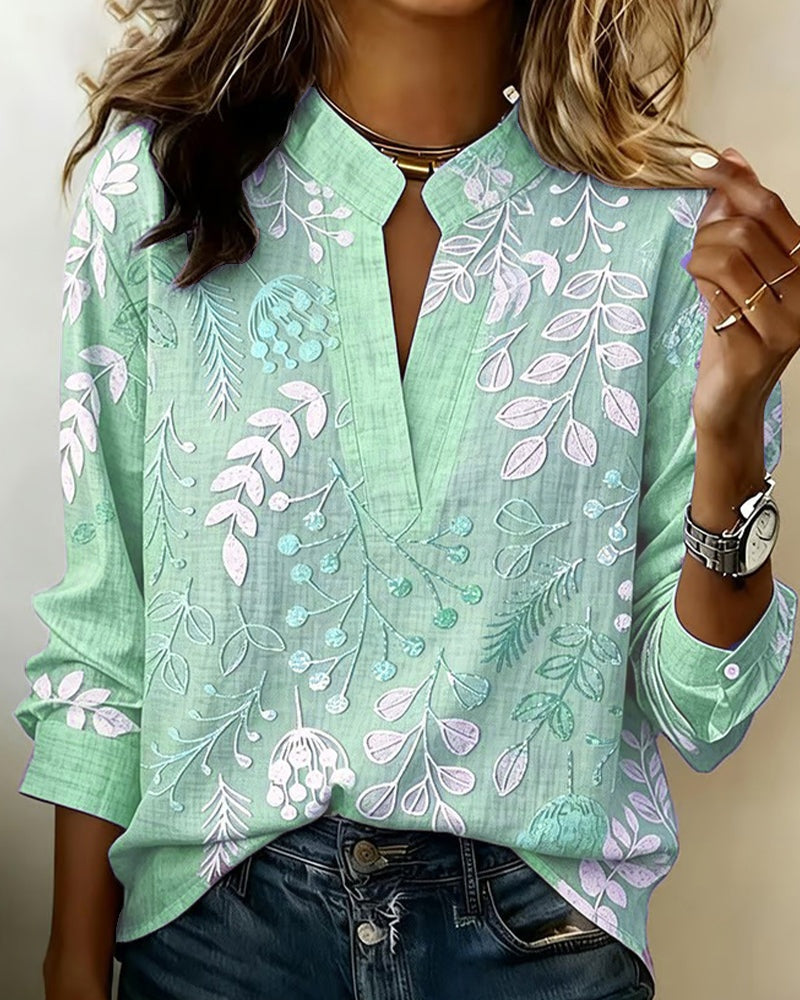 Blusa Estampada Floral Manga Larga Escote V