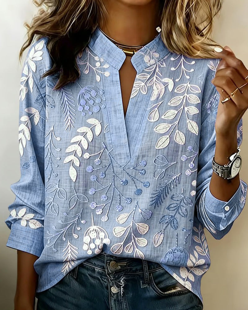 Blusa Estampada Floral Manga Larga Escote V