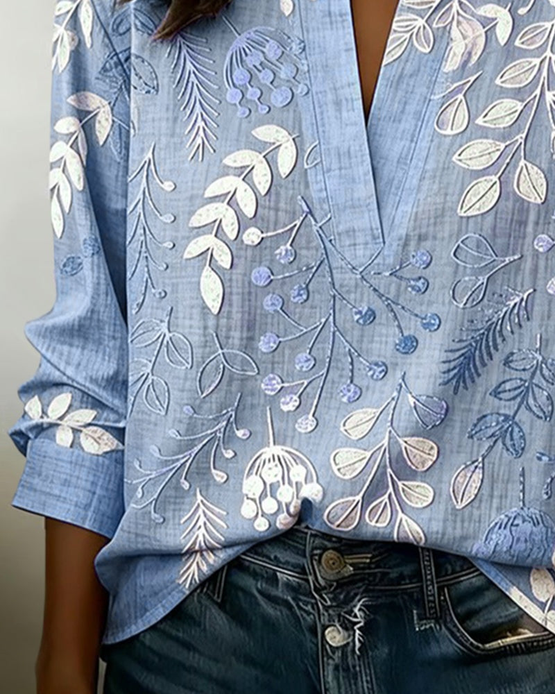Blusa Estampada Floral Manga Larga Escote V