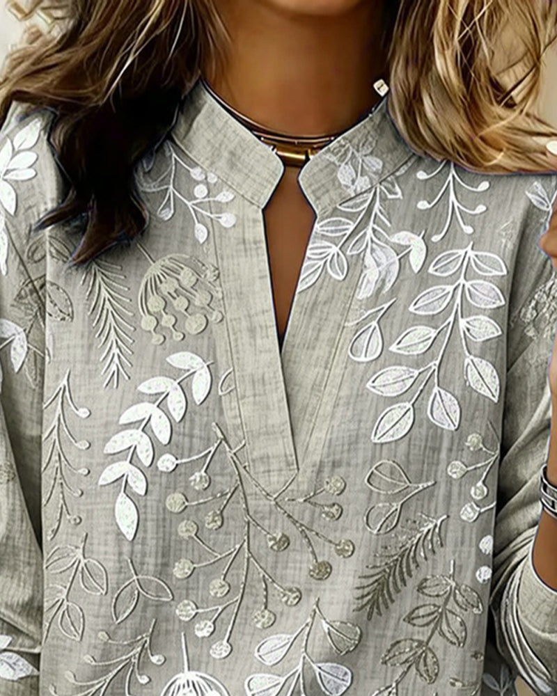 Blusa Estampada Floral Manga Larga Escote V
