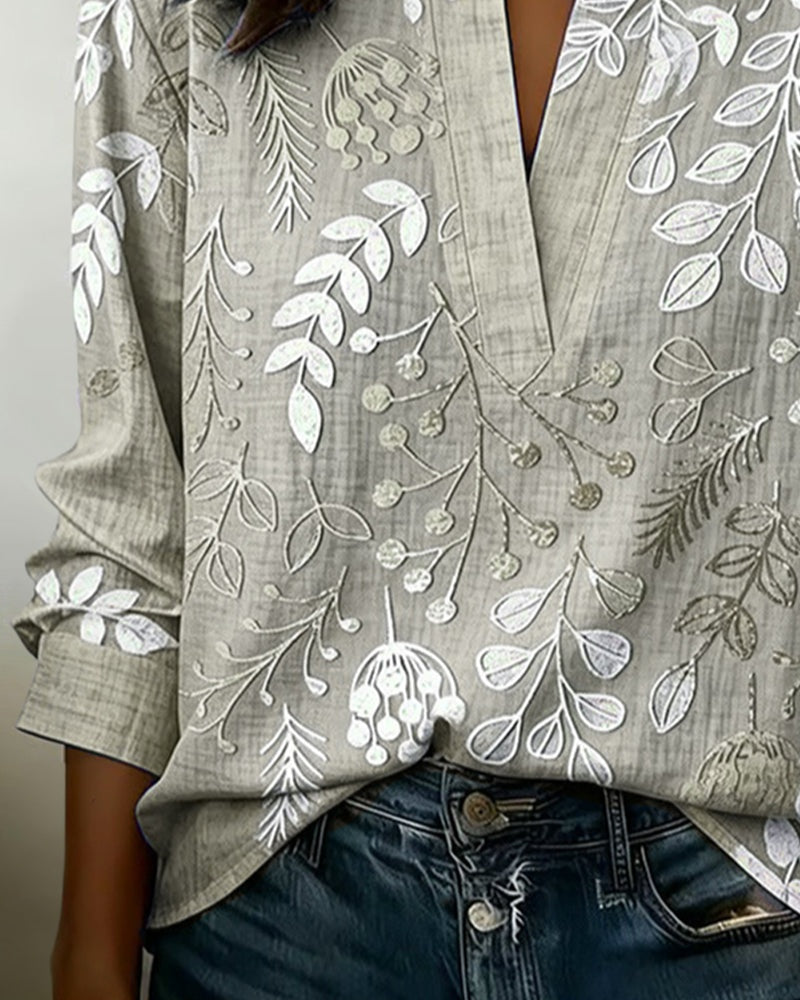 Blusa Estampada Floral Manga Larga Escote V