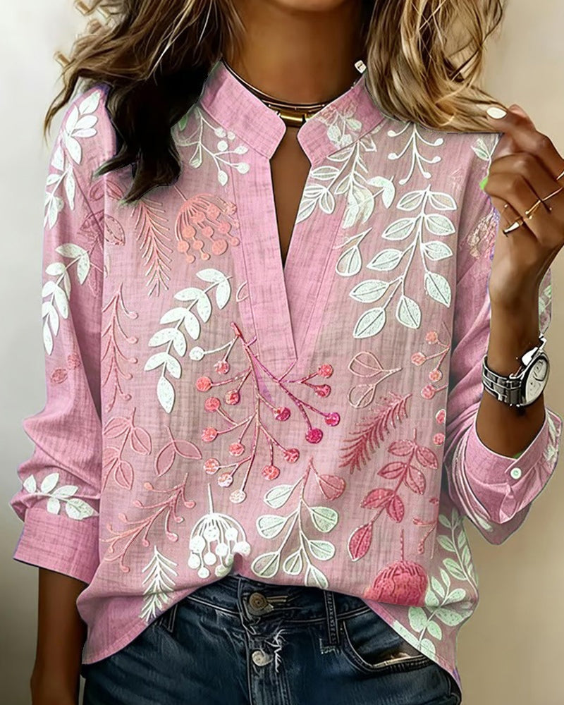 Blusa Estampada Floral Manga Larga Escote V