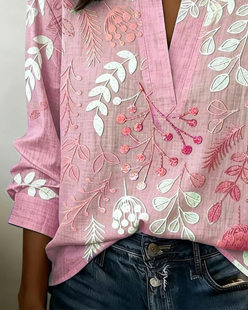 Blusa Estampada Floral Manga Larga Escote V