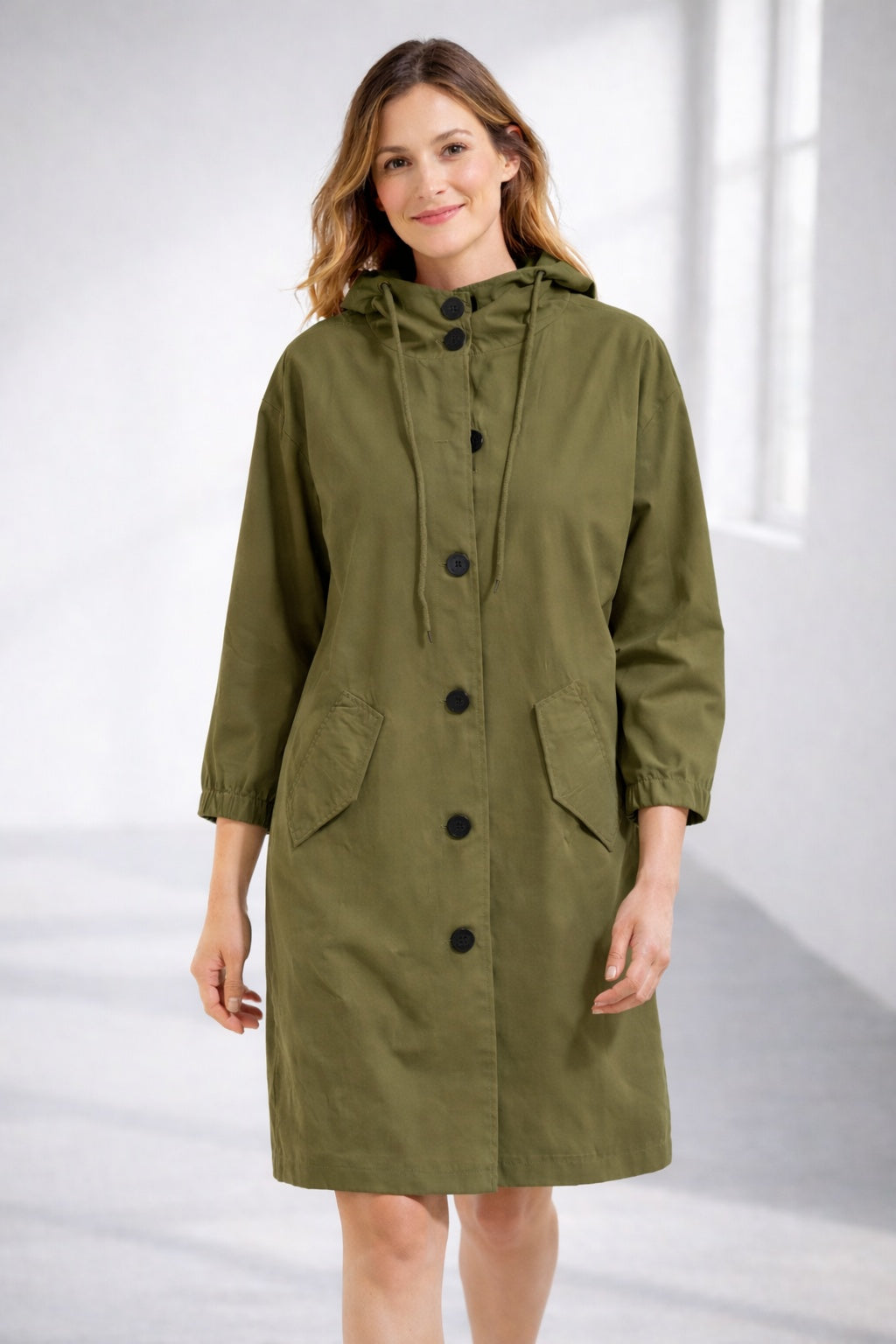 Delia | Chaqueta Larga con Capucha Mujer Botones Manga 3/4