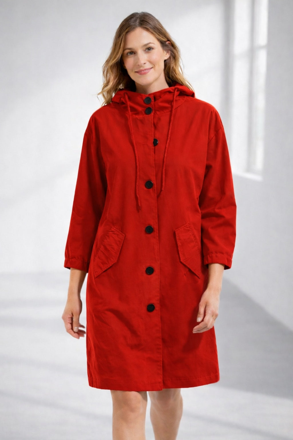 Delia | Chaqueta Larga con Capucha Mujer Botones Manga 3/4