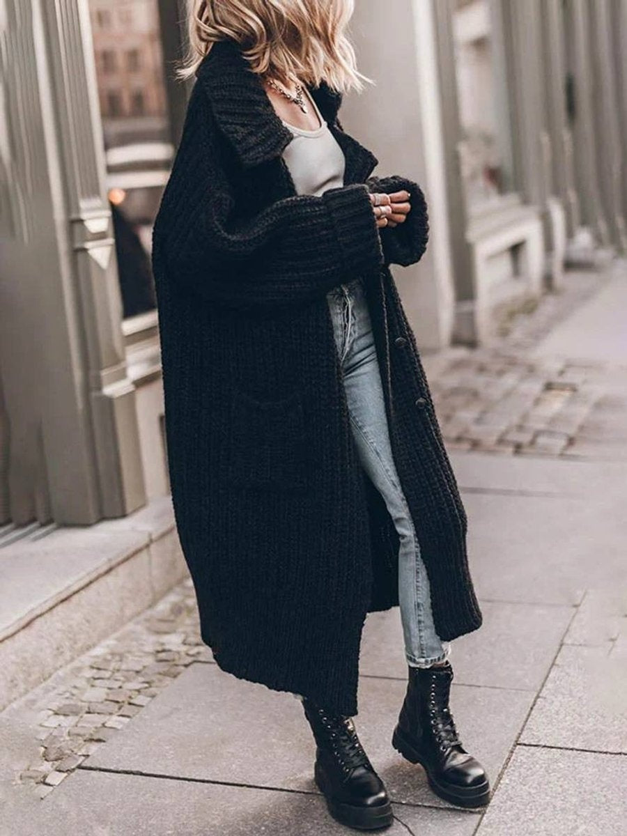 Elvira | Jersey de Punto Largo Oversized Mujer Cuello Solapa Bolsillos