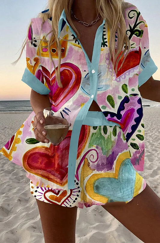 Conjunto Coordinado de Verano Estampado Corazones Multicolor