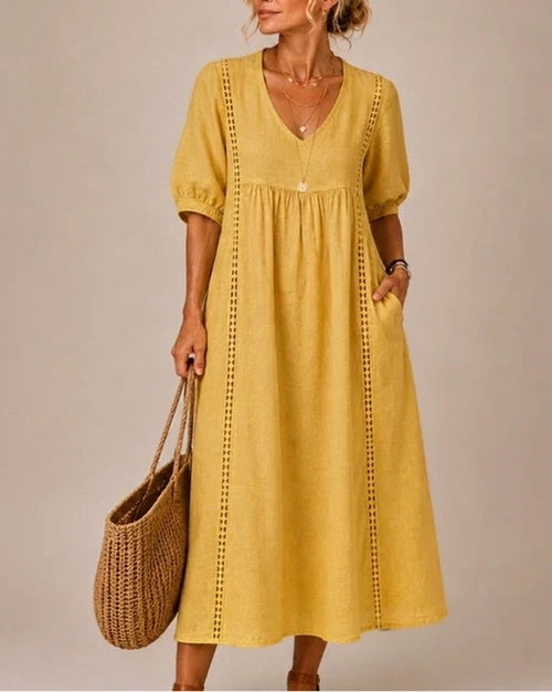 Vestido Midi Veraniego con Escote en V y Detalle de Encaje