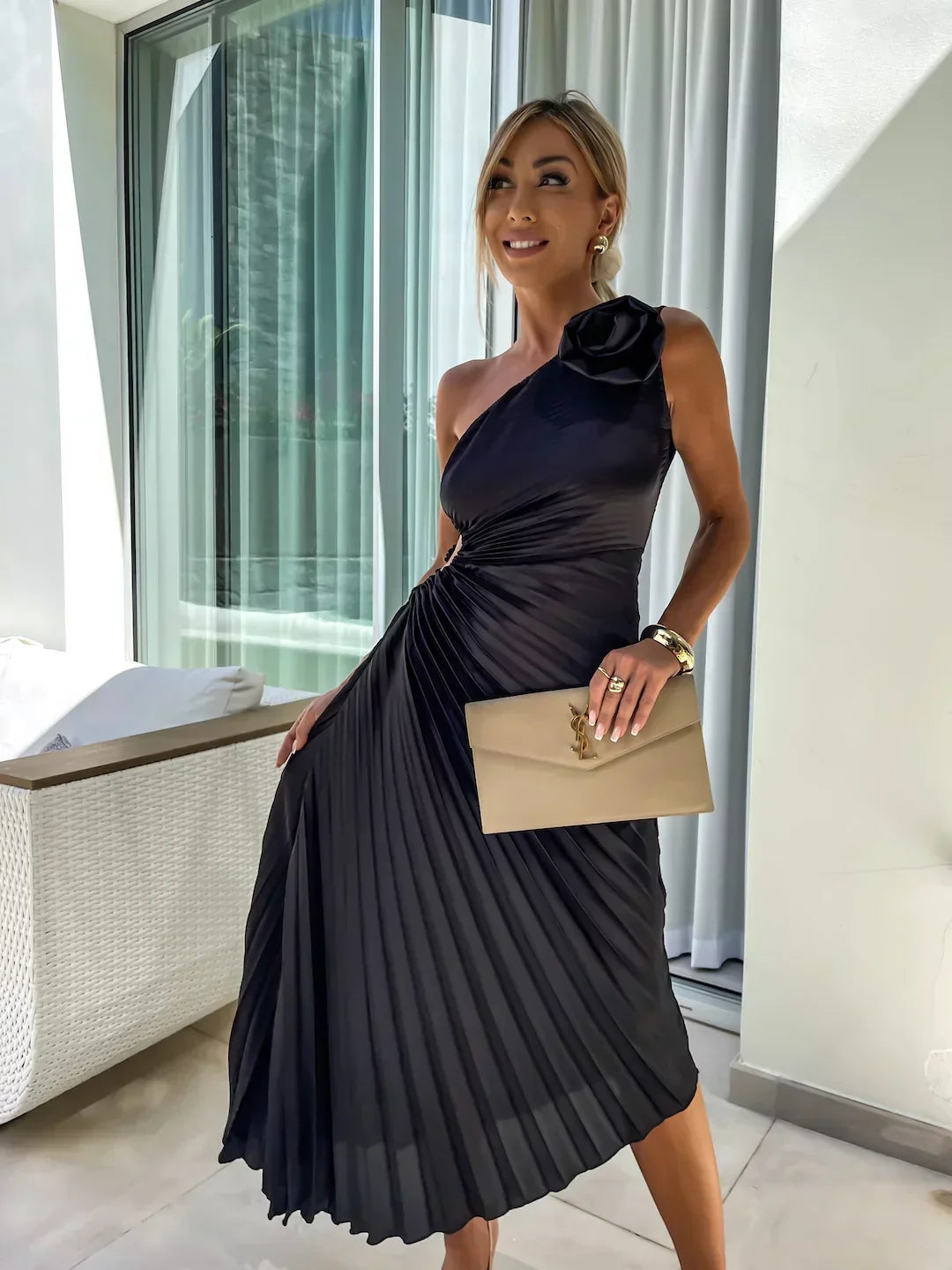 Vestido Maxi Floral de Un Hombro