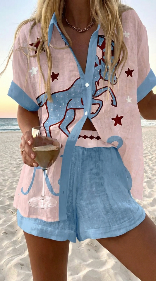 Conjunto Coordinado de Verano Rosa Pálido Estampado Estrellas