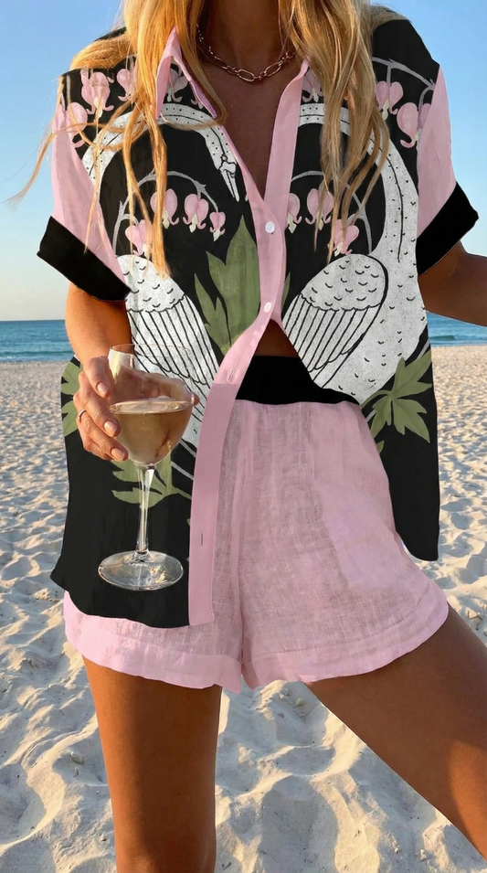 Conjunto Coordinado de Verano Negro y Rosa Empolvado Botánico